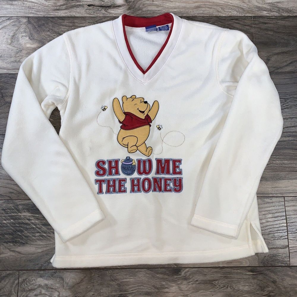 Vintage Winnie the Pooh Sweatshirt Womens Small White V Neck Honey‎ Bees Preppy